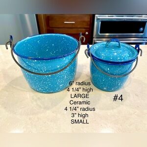 Vintage Enamelware Speckled Blue and White w/ Blue Trim Handled Pot/Pail Set